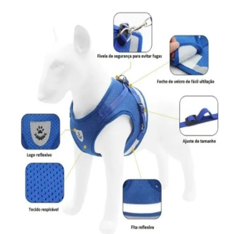 Coleira peitoral para cachorro com guia de passeio colete reflexivo regulável