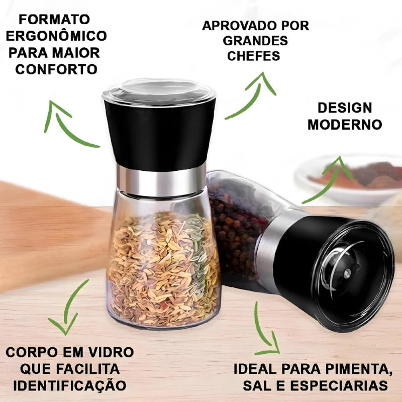 Kit 2 Moedor temperos, sal, pimenta e especiarias vidro e triturador Inox