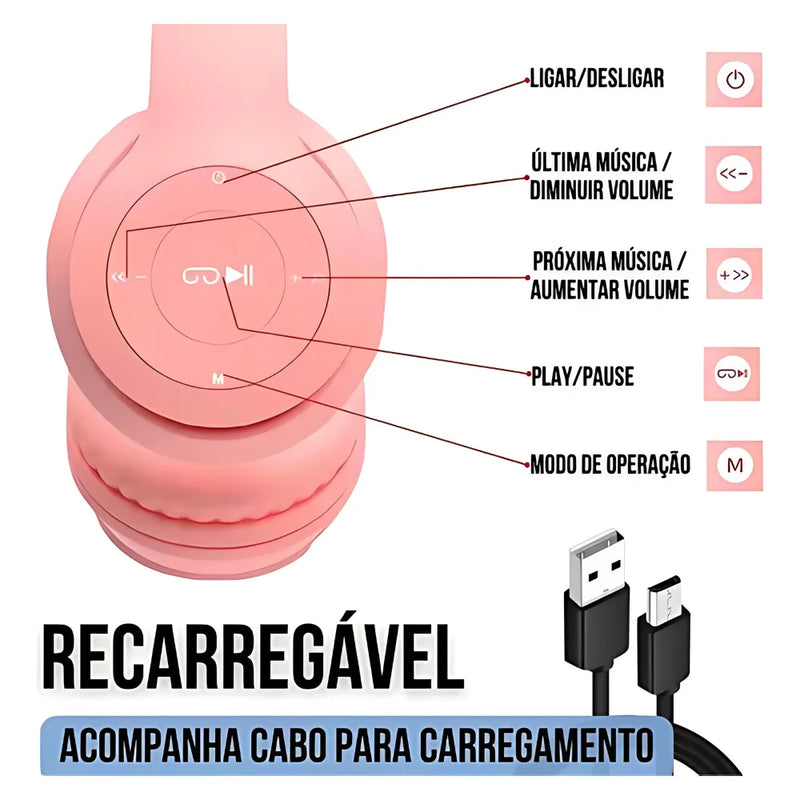 Fone de ouvido orelha gatinho bluetooth infantil led menino menina cores variadas