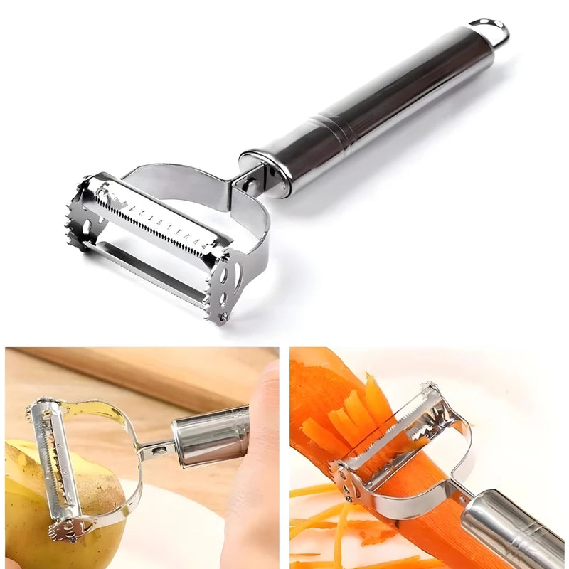 Kit 3 Descascador e fatiador para legumes frutas dupla lâmina em aço inoxidável