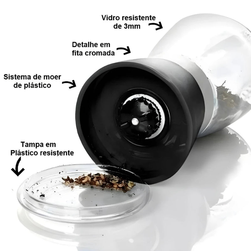 Kit 2 Moedor temperos, sal, pimenta e especiarias vidro e triturador Inox