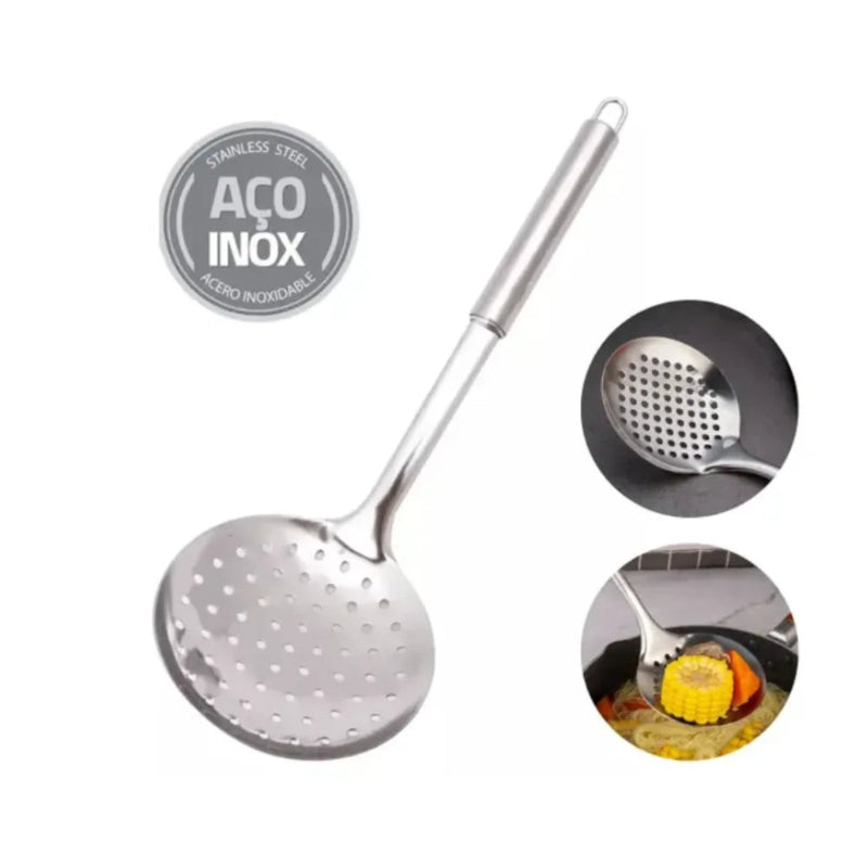 Kit 3 Utensílios de cozinha inox. espuma + Concha de feijão + Coletor de massa