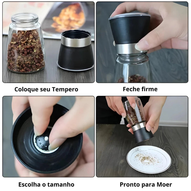 Kit 2 Moedor temperos, sal, pimenta e especiarias vidro e triturador Inox