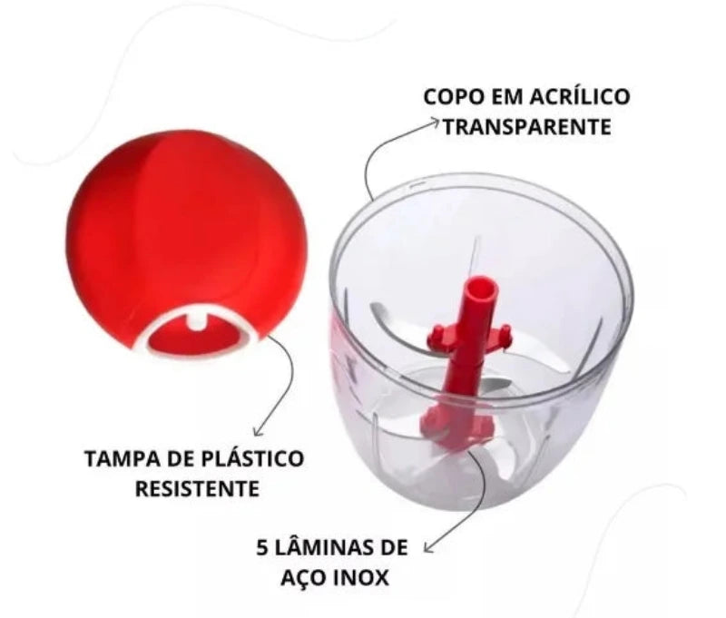 Mini Processador de Alimentos Manual Grande 5 Lâminas 900ml - Neverdie