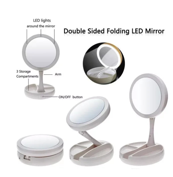 Espelho de maquiagem aumenta 10x luz dupla Led USB - Neverdie Organizer
