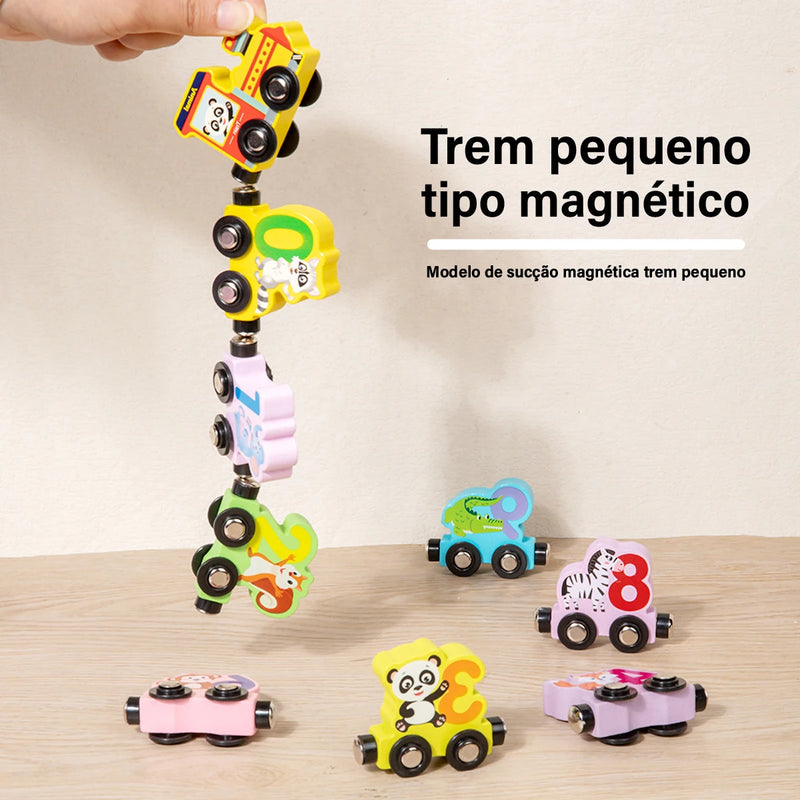 Conjunto de trem com 11 animais magnéticos de madeira para crianças, brinquedos Montessori para crianças