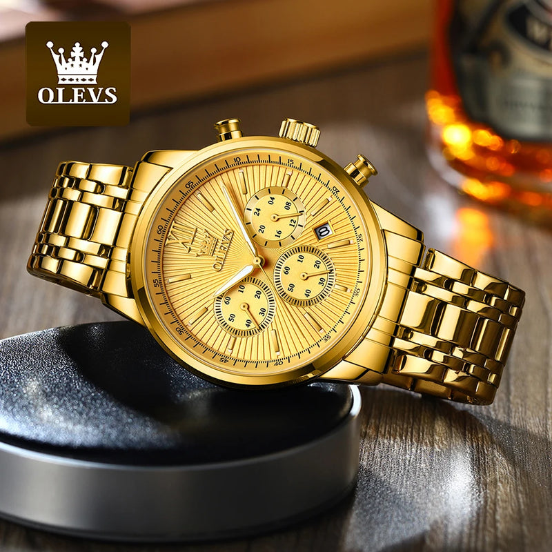 OLEVS Relógios de pulso masculino luxo ouro, na moda em aço Inox a prova d'agua luminoso cronógrafo data exibição de 24 Horas