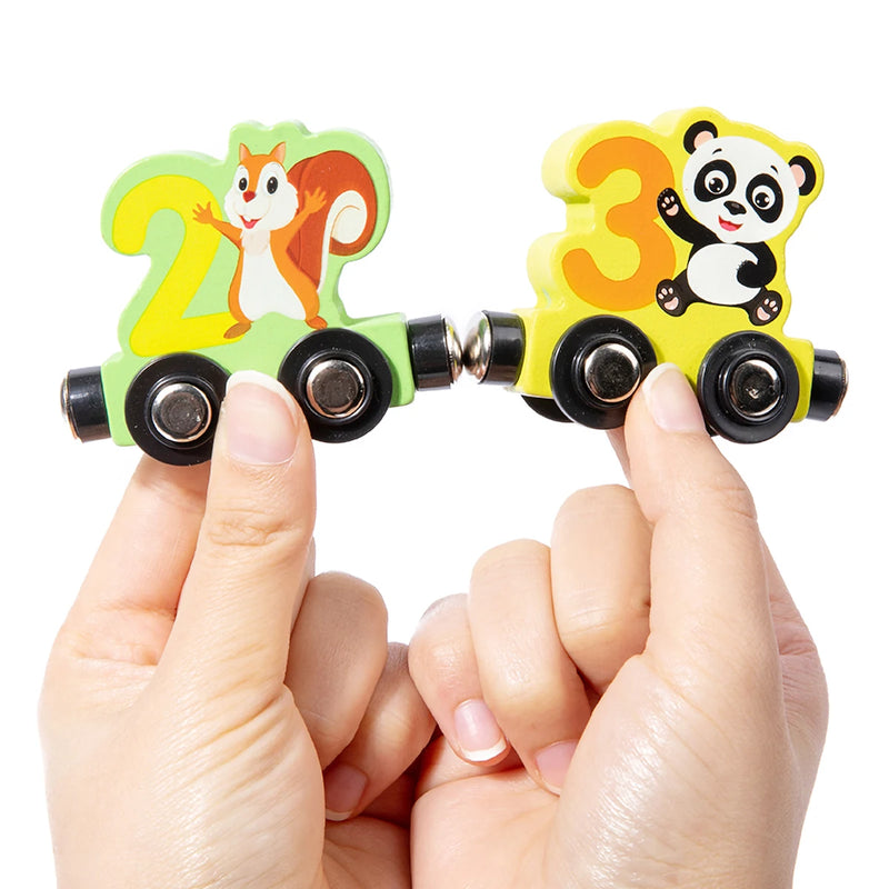 Conjunto de trem com 11 animais magnéticos de madeira para crianças, brinquedos Montessori para crianças