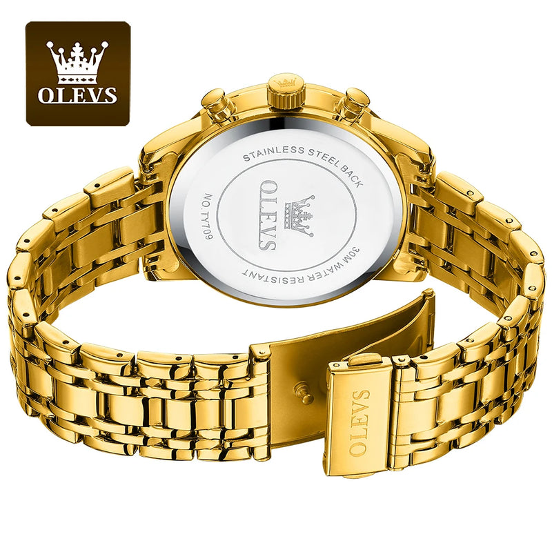 OLEVS Relógios de pulso masculino luxo ouro, na moda em aço Inox a prova d'agua luminoso cronógrafo data exibição de 24 Horas