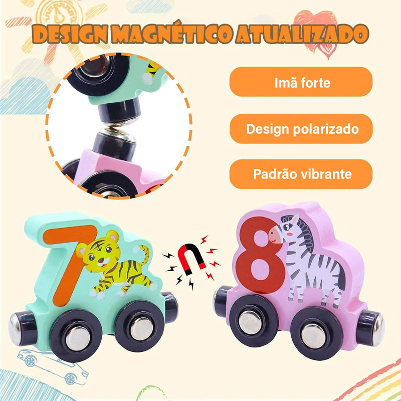 Conjunto de trem com 11 animais magnéticos de madeira para crianças, brinquedos Montessori para crianças