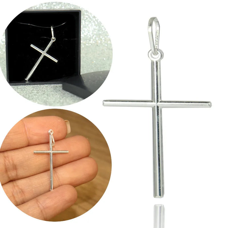 Pingente cruz crucifixo medio prata legitima 925 palito 30mm