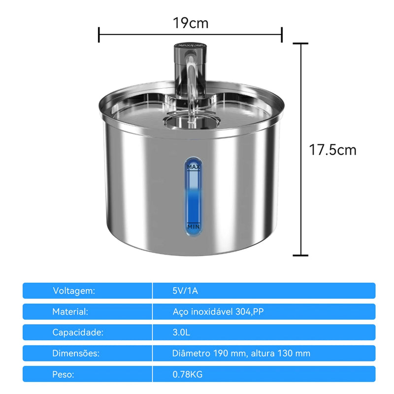 Newpet 3L Aço inoxidável bebedouro automático para gatos e cães bebedouro pet dispensador de água acessório