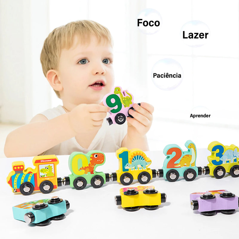 Conjunto de trem com 11 animais magnéticos de madeira para crianças, brinquedos Montessori para crianças