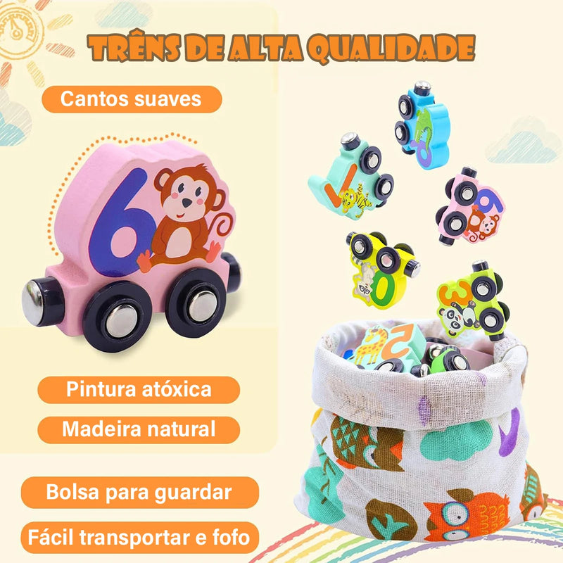 Conjunto de trem com 11 animais magnéticos de madeira para crianças, brinquedos Montessori para crianças