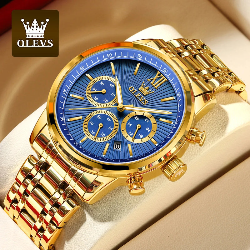 OLEVS Relógios de pulso masculino luxo ouro, na moda em aço Inox a prova d'agua luminoso cronógrafo data exibição de 24 Horas