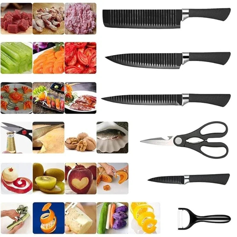 Conjunto de 6 facas de onda preta em aço inoxidável de uso em frutas e legumes utensílios complementares