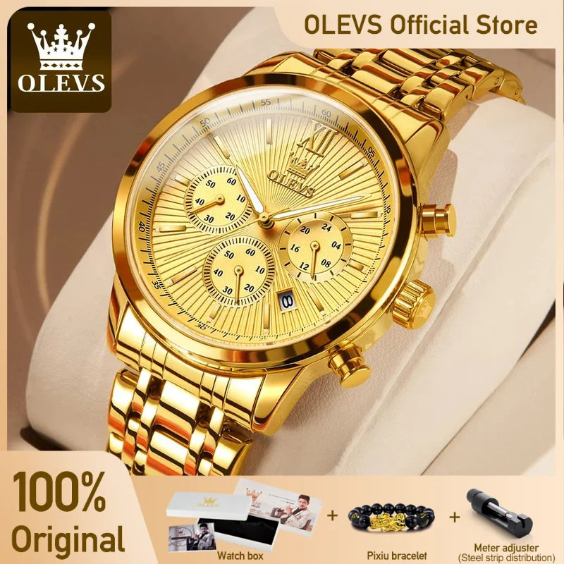 OLEVS Relógios de pulso masculino luxo ouro, na moda em aço Inox a prova d'agua luminoso cronógrafo data exibição de 24 Horas