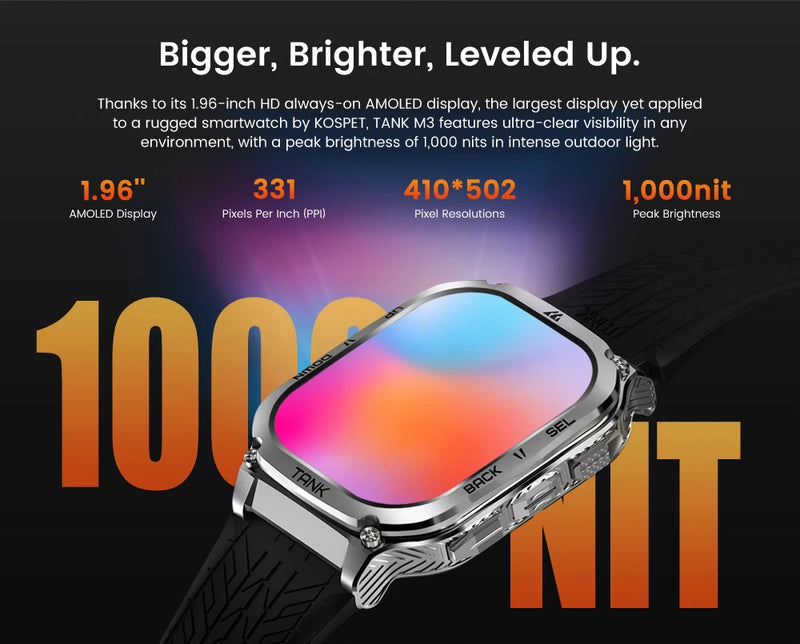 KOSPET TANK M3 Smartwatch For Men 480mAh 60 Days Battery IP69K 5ATM Waterproof AMOLED Bluetooth Call AI Voice Military Watches