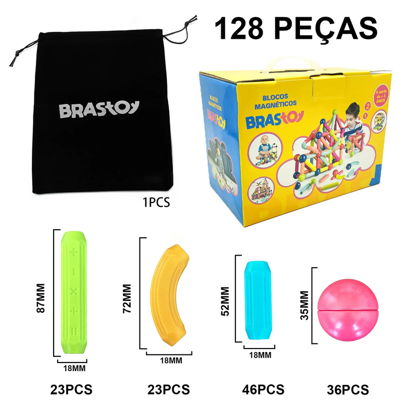 Blocos de construção magnéticos Conjunto magnético de 128 peças de ímãs Varas de bola Montessori Vara Brinquedos educativos para crianças
