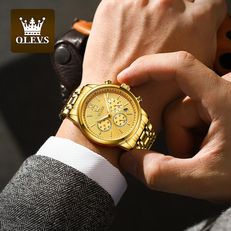 OLEVS Relógios de pulso masculino luxo ouro, na moda em aço Inox a prova d'agua luminoso cronógrafo data exibição de 24 Horas