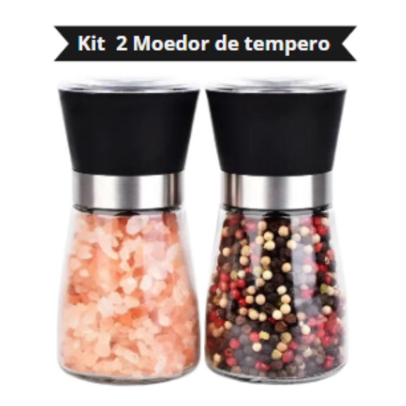 Kit 2 Moedor temperos, sal, pimenta e especiarias vidro e triturador Inox
