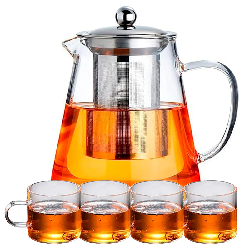 Conjunto Bule Chaleira Infusora de Vidro 950ML com 4 Xícaras Glass Tea Pot