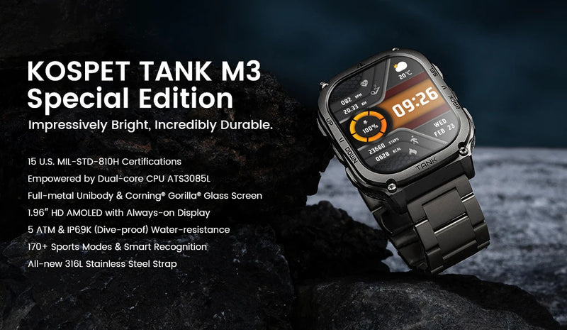 KOSPET TANK M3 Smartwatch For Men 480mAh 60 Days Battery IP69K 5ATM Waterproof AMOLED Bluetooth Call AI Voice Military Watches