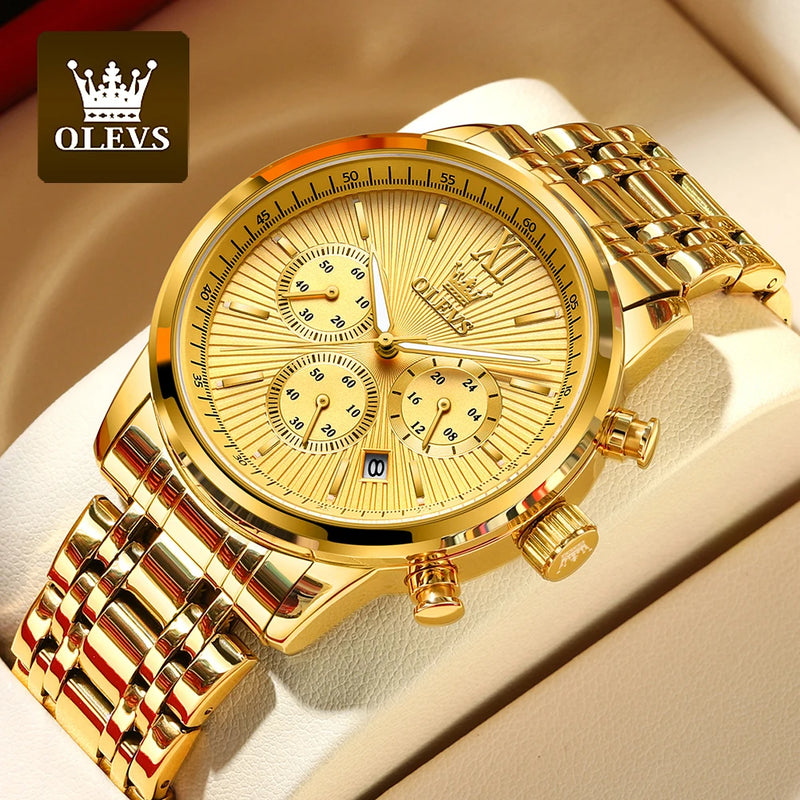 OLEVS Relógios de pulso masculino luxo ouro, na moda em aço Inox a prova d'agua luminoso cronógrafo data exibição de 24 Horas
