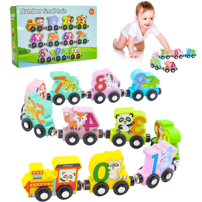 Conjunto de trem com 11 animais magnéticos de madeira para crianças, brinquedos Montessori para crianças