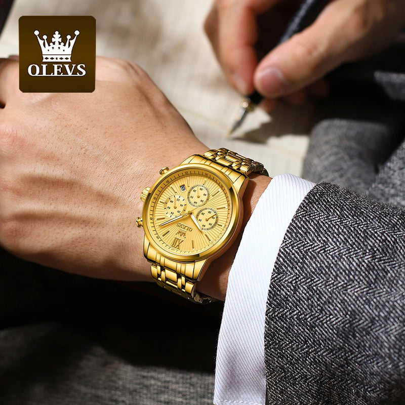 OLEVS Relógios de pulso masculino luxo ouro, na moda em aço Inox a prova d'agua luminoso cronógrafo data exibição de 24 Horas
